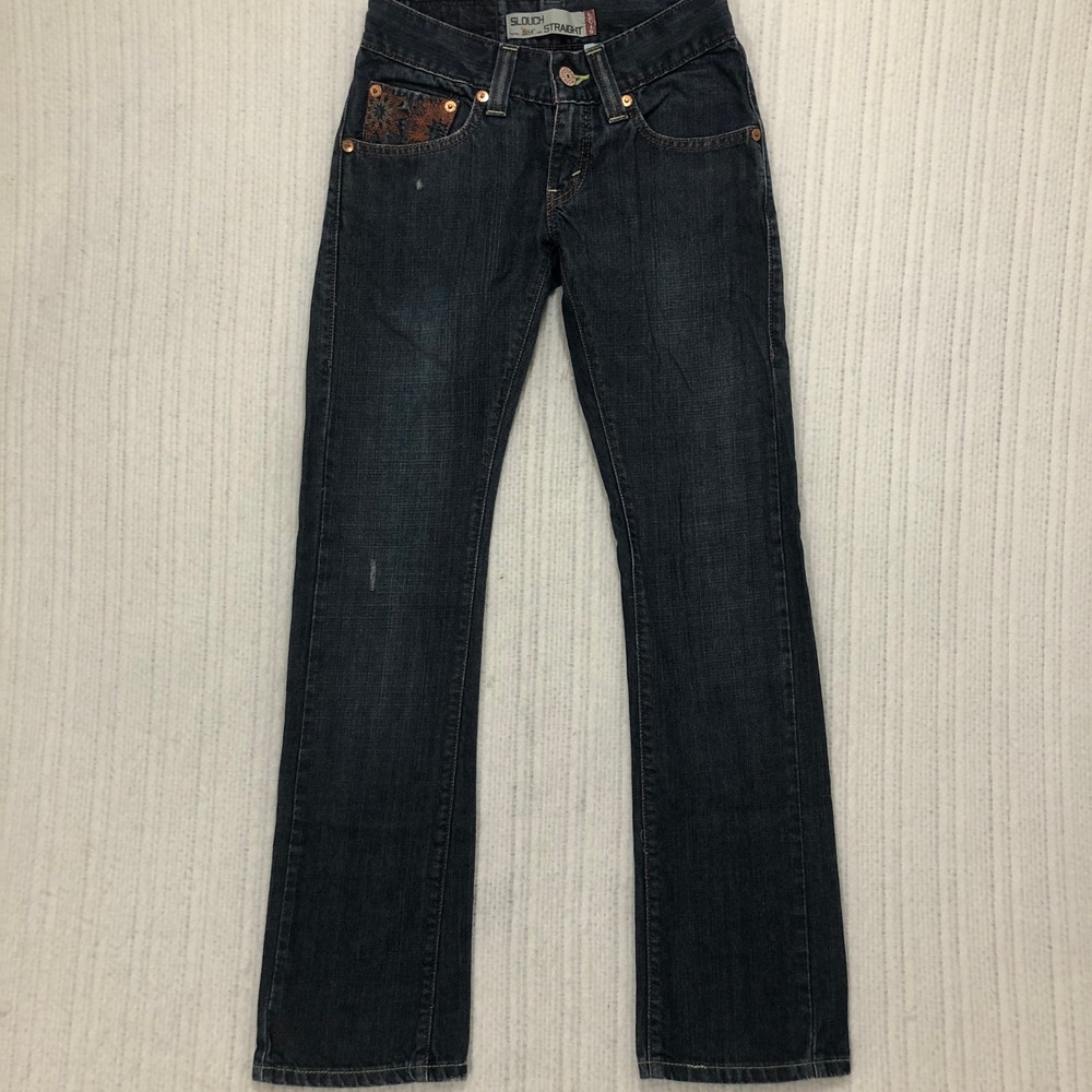 Levis 504 Slouch Straight Jeans Dark Wash Embroidered Low Rise 27x30